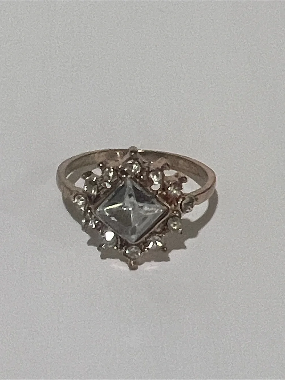 Delicate Square-Cut Halo Ring in Gold Tone
